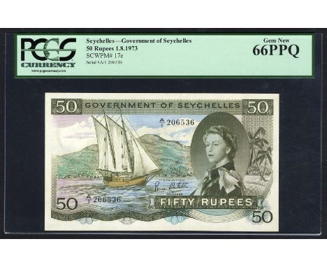 Seychelles, P 17e, Government of Seychelles, 50 Rupees, 1 August 1973. Sailboat at left, portrait of Queen Elizabeth II at ri