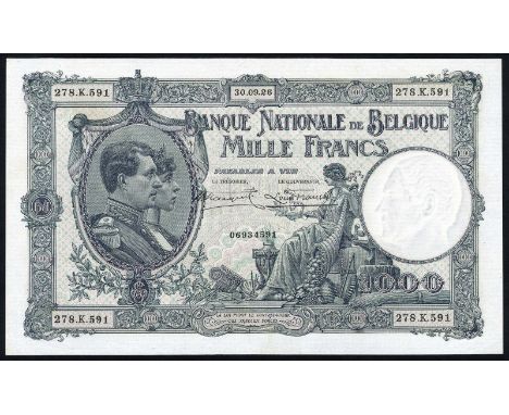 Belgium, NBBB-96c, P 096, Banque Nationale de Belgique, Nationale Bank van België, 1,000 Francs, 30 September 1926. Portrait 