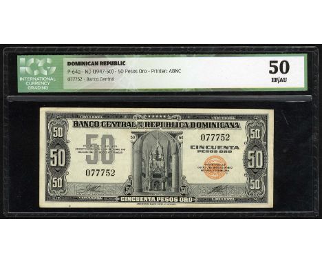 Dominican Republic, P 64a, Banco Central de la Républica Dominicana, 50 Pesos Oro, (1947-50). Tomb of Columbus at center, tex