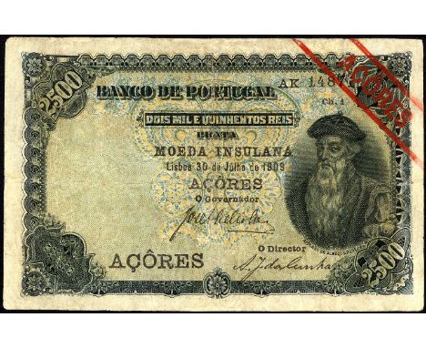 Azores, P 8b, Banco de Portugal, 2,500 Mil Reis, 30 July 1909. Portrait of A. de Albuquerque at right on front. Chapa 4. Port