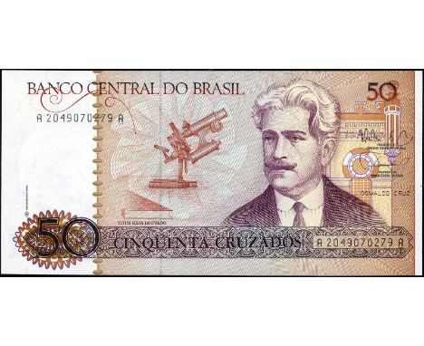 Brazil, P 210c, Banco Central do Brasil, 50 Cruzados, (1988). Microscope at center, portrait of Oswaldo Cruz at right on fron