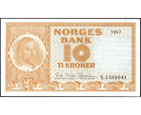 Norway, P 31dr, Mehilba RD46, Norges Bank, 10 Kroner, 1967, REPLACEMENT. Portrait of Christian Mechelsen at left, coat of arm