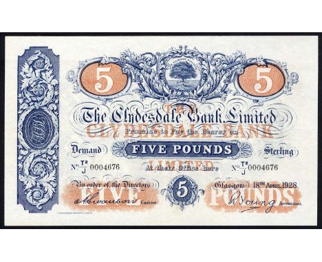 Scotland, P 186, The Clydesdale Bank Limited, 5 Pounds, 18 April 1928. Coat of arms of Glasgow at upper center on front. Coat