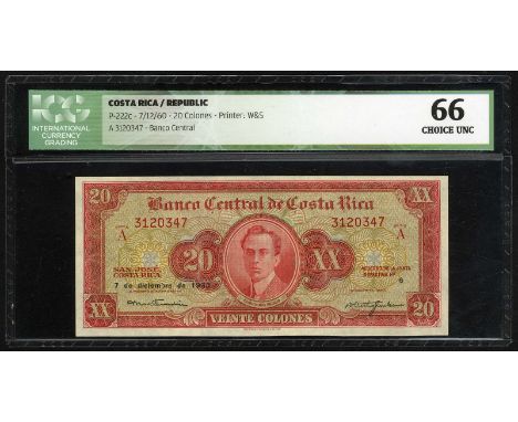 Costa Rica, P 222c, Banco Central de Costa Rica, 20 Colones, 7 December 1960. Portrait of C. Picado at center on front. Date 