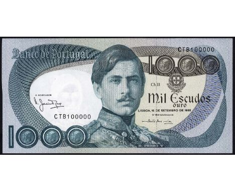 Portugal, P 175b, Banco de Portugal, 1,000 Escudos, 16 September 1980, SERIAL NUMBER 100000. Portrait of Dom Pedro V at cente