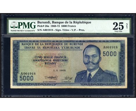 Burundi, P 26a, Banque de le République du Burundi, 5,000 Francs, 1 April 1968. Portrait of president Micombero at right on f