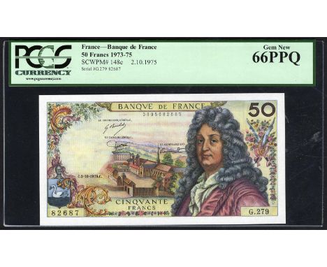 France, P 148e, Fayette 64.31, Banque de France, 50 Francs, 2 October 1975. Buildings in background at center, portrait of Je