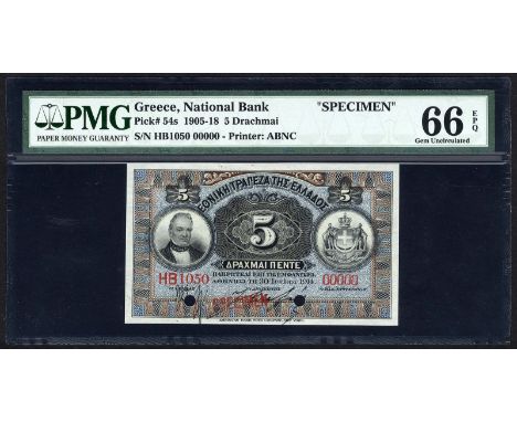 Greece, P 54s, Pitidis-Poutous 48c, National Bank of Greece, 5 Drachmai, 1914, SPECIMEN. Portrait of G. Stavros at left, coat