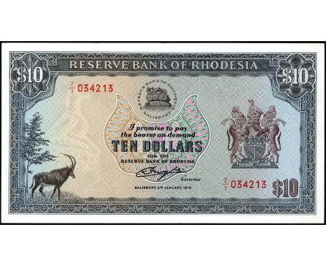 Rhodesia, P 33cr, Linzmayer RBR B10k, Reserve Bank of Rhodesia, 10 Dollars, 2 January 1979, REPLACEMENT. Sable antelope at le