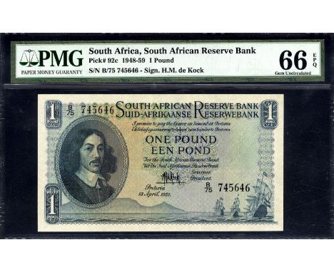 South Africa, P 92c, South African Reserve Bank, 1 Pound, 13 April 1951. Portrait of Jan van Riebeeck at left on front. Signa