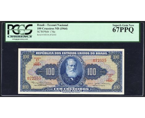 Brazil, P 170c, Tesouro Nacional, 100 Cruzeiros, E. 1A (1964). Portrait of D. Pedro II at center on front. Signatures Sérgio 