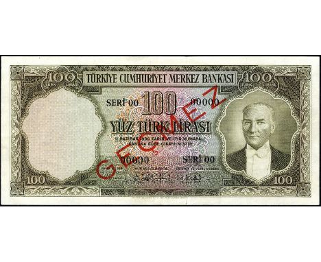 Turkey, P 168s, Pulko C51, Central Bank of Turkey, 100 Lira, L.1930 (1956), SPECIMEN. Portrait of President Kemal Atatürk at 