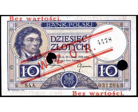 Poland, P 54s, Milczak 50A, Ministry of Finance, 10 Zlotych, 28 February 1919 (1924), SPECIMEN. Portrait of T. Kosciuszko at 