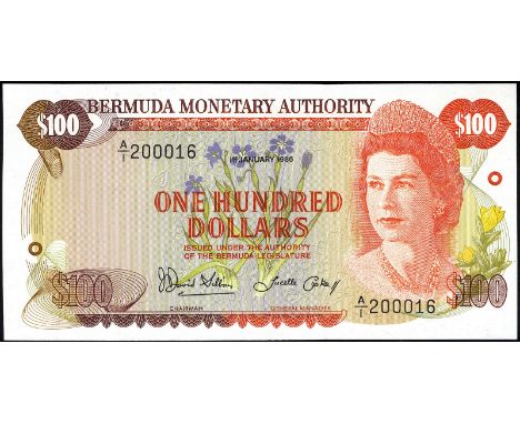 Bermuda, P 33, Linzmayer BMA B6c. Bemuda Monetary Authority, 100 Dollars, 1 January 1986. Portrait of Queen Elizabeth II at r