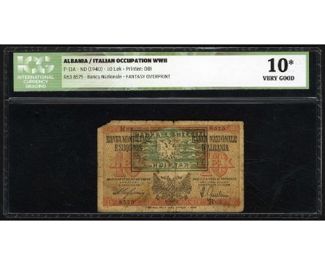 Albania, P 11A, Linzmayer BKS B11, Banca Nazionale d'Albania, 10 Lek, (1940). Coat of arms of Albania at lower center on fron