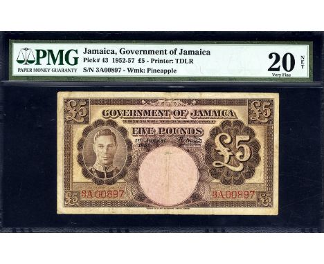 Jamaica, P 43, Linzmayer GOJ B12a, Government of Jamaica, 5 Pounds, 1 August 1952. Portrait King of George VI at left on fron