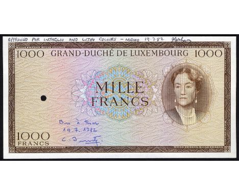 Luxembourg, P 52Bp, Grand-Duché de Luxembourg, 1,000 Francs. SEPARATE FRONT AND BACK PROOF. Portrait of Grand Duchess Charlot