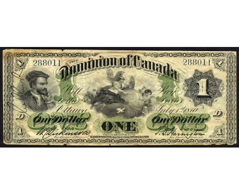 Canada, P 12a, Charlton DC-2a, Dominion of Canada, 1 Dollar, 1 July 1870. Portrait of J. Cartier at upper left, reclining wom