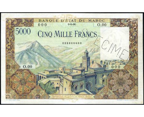 Morocco, P 49s, Banque d'État du Maroc, 5,000 Francs, (1953, 1958), SPECIMEN. Mosque with hills in background on front. Dam a