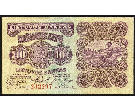 Lithuania, P 18a, Linzmayer LG B18a, Bank of Lithuania, 10 Litu, 16 November 1922. Coat of arms of Lithuania at center left, 