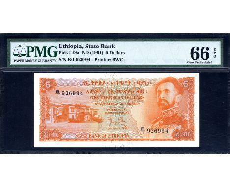 Ethiopia, P 19a, Linzmayer SBE B8a, State Bank of Ethiopia, 5 Dollars, (1961). Addis Ababa University at left, portrait of Em
