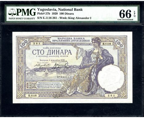Yugoslavia, P 27b, Kingdom of Yugoslavia, National Bank, 100 Dinara, 1929. Boats and town at center, seated allegorical woman