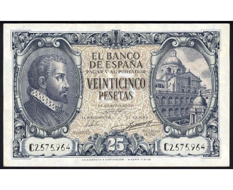 Spain, P 116a, El Banco de España, 25 Pesetas, 9 Janaury 1940 (1943). Portrait of Juan de Herrera at left, Patio de Evangelis