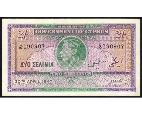 Cyprus, P 21, Governement of Cyprus, 2 Shillings, 30 April 1947. Portrait of King George VI at center on front., # C/10 19090