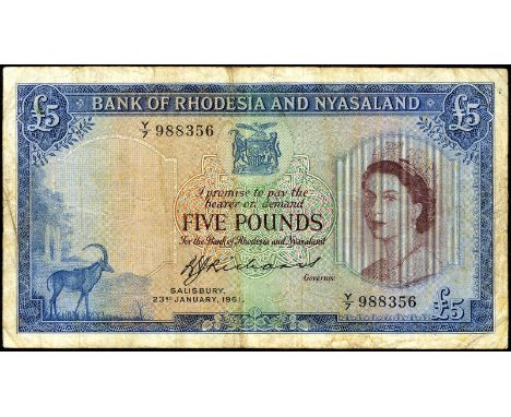 Rhodesia & Nyasaland, P 22b, Bank of Rhodesia and Nyasaland, 5 Pounds, 23 January 1961. Sable antelope at lower left, coat of