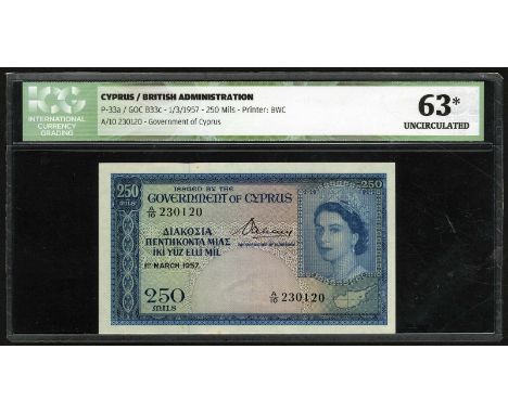 Cyprus, P 33a, Linzmayer B133c, Government of Cyprus, 250 Mils, 1 March 1957. Portrait of Queen Elizabeth II at right on fron
