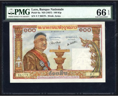 Lao, P 6a, Linzmayer BNL B6a, Banque Nationale du Laos, 100 Kip, (1957).  Erawan three-headed elephant at left, portrait of K