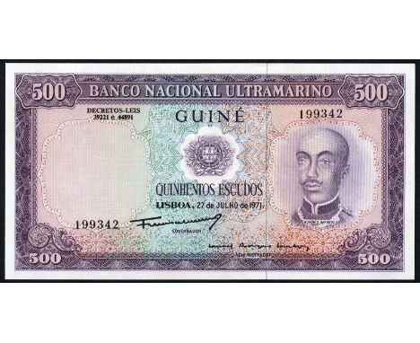 Portuguese Guinea, P 46a, Banco Nacional Ultramarino, Guiné, 500 Escudos, 27 July 1971. Portrait of Honorio Barreto at right 
