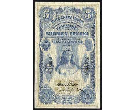 Finland, P 2a, Finlands Bank, 5 Markkaa, 1897. Coat of arms of Finland at center left, portrait of a woman at center, head at