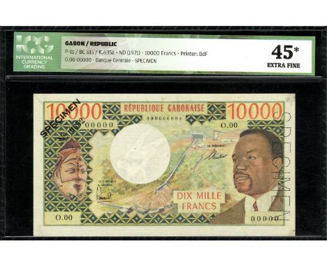 Gabon, P 1s, Linzmayer BC B1, Leclerc/Kolsky 635a, République Gabonaise, 10,000 Francs, (1971), SPECIMEN. Mask at left, mine 