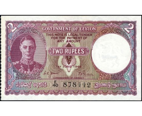 Ceylon, P 35, Government of Ceylon, 2 Rupees, 1 June 1948. Portrait of King George VI at left, text at upper center begins wi