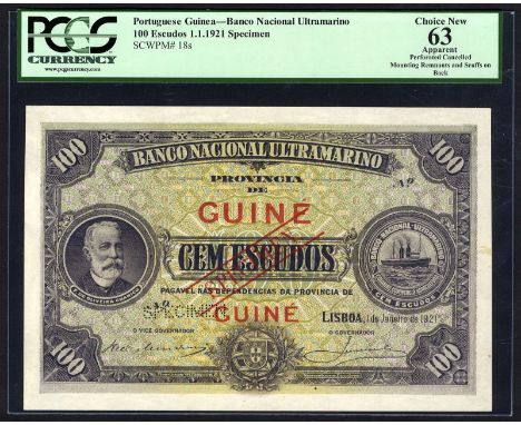 Portuguese Guinea, P 18s, Banco Nacional Ultramarino, Guiné, 100 Escudos, 1 January 1921, SPECIMEN. Portrait of F. de Oliveir
