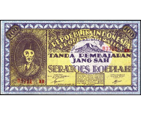 Indonesia, P S354b, Repoeblik Indonesia, province of Sumatra, 100 Rupiah, 31 March 1947. Portrait of Sukarno at left on front