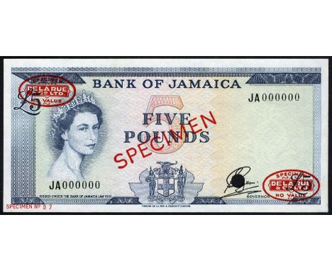 Jamaica, P 52a, Linzmayer BOJ B7as, Bank of Jamaica, 5 Pounds, L.1960, SPECIMEN. Portrait of Queen Elizabeth II at left, coat