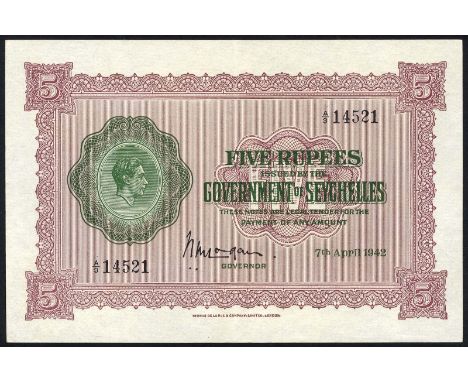 Seychelles, P 8, Government of Seychelles, 5 Rupees, 7 Apri 1942. Portrait of King George VI at left on front., # A-3 14521, 