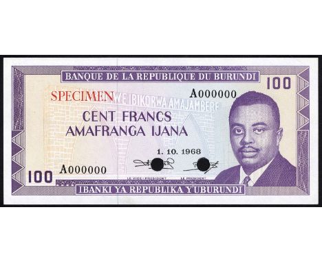 Burundi, P 23act, Banque de la Republique du Burundi, 100 Francs, 1 October 1968, COLOR TRIAL. Purple. Portrait of Prince Rwa
