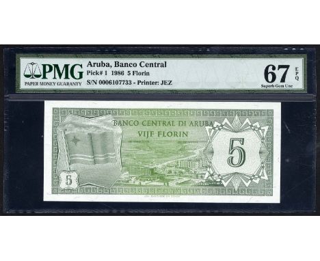 Aruba, P 1, Linzmayer CBA B1a, Banco Central di Aruba, 5 Florin, 1 January 1986. Flag of Aruba at left, Palm Beach’s Aruba Sh