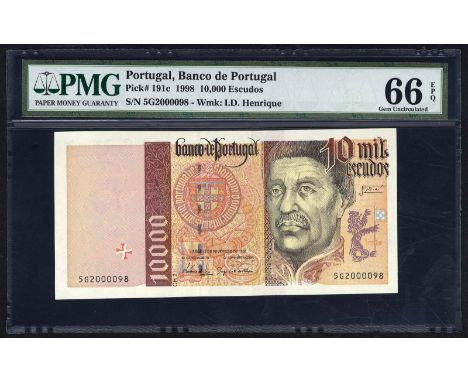 Portugal, P 191c, Banco de Portugal, 10,000 Escudos, 12 February 1998, LOW SERIAL NUMBER. Coat of arms of Portugal at center,