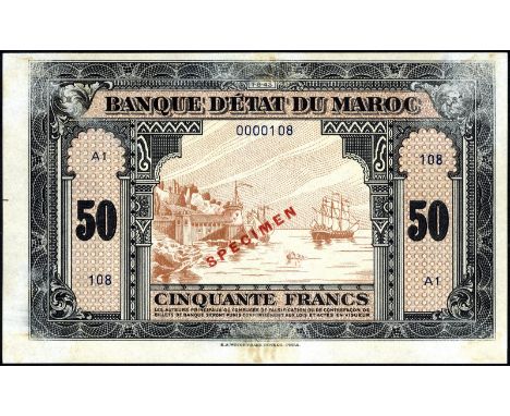 Morocco, P 26s, Banque d'État du Maroc, 50 Francs, 1 August 1943, SPECIMEN. Fortress and sailing ship at center on front. Fiv