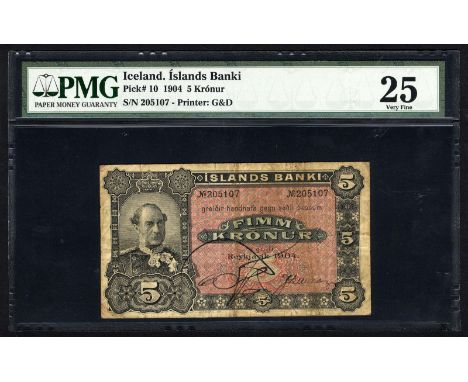 Iceland, P 10, Íslands Banki, 5 Krónur, 1904. Portrait of King Christian IX at left on front. Falcon (old coat of arms of Ice