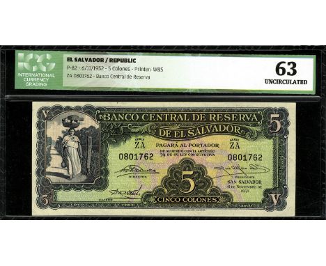 El Salvador, P 82, Banco Central de Reserva de El Salvador, 5 Colones, 6 November 1952. Woman with basket of fruit on her hea