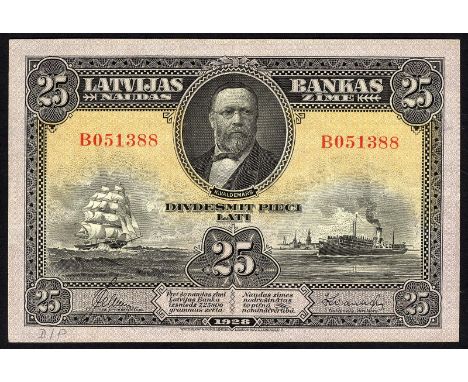 Latvia, P 18a, Linzmayer LB B6a, Bank of Latvia, 25 Latu, 1928. Portrait of K. Valdemars at upper center, ship at lower left 