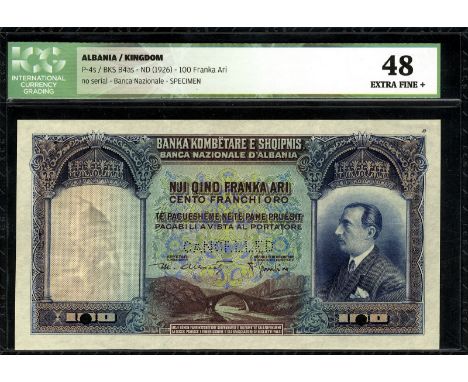 Albania, P 4s, Linzmayer BKS B4as, Banca Nazionale d'Albania, 100 Franca Ari, (1926), SPECIMEN. Gomsiqe bridge in Puka at cen