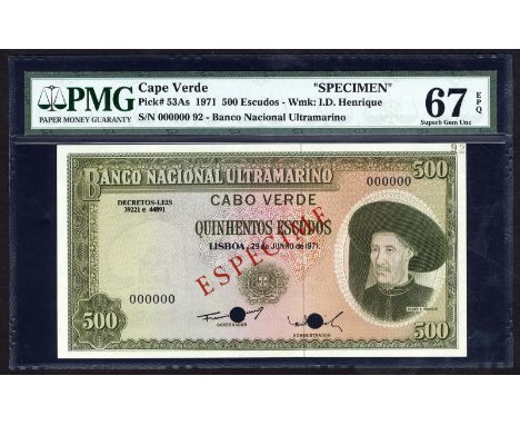Cape Verde, P 53As, Banco Nacional Ulramarino, Cabo Verde, 500 Escudos, 29 June 1971, SPECIMEN. Coat of arms of Portugal at c