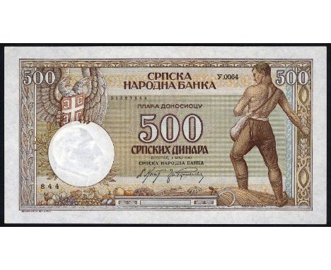 Serbia, P 31, Serbian National Bank, 500 Dinara, 1 May 1942. Coat of arms of Serbia at upper left, farmer sowing sead at righ