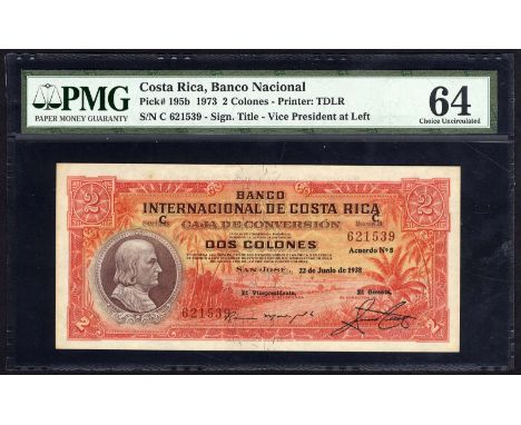 Costa Rica, P 195b, Banco Nacional de Costa Rica, 2 Colones, 22 June 1938. Portrait of Columbus at left on front. Signatures 